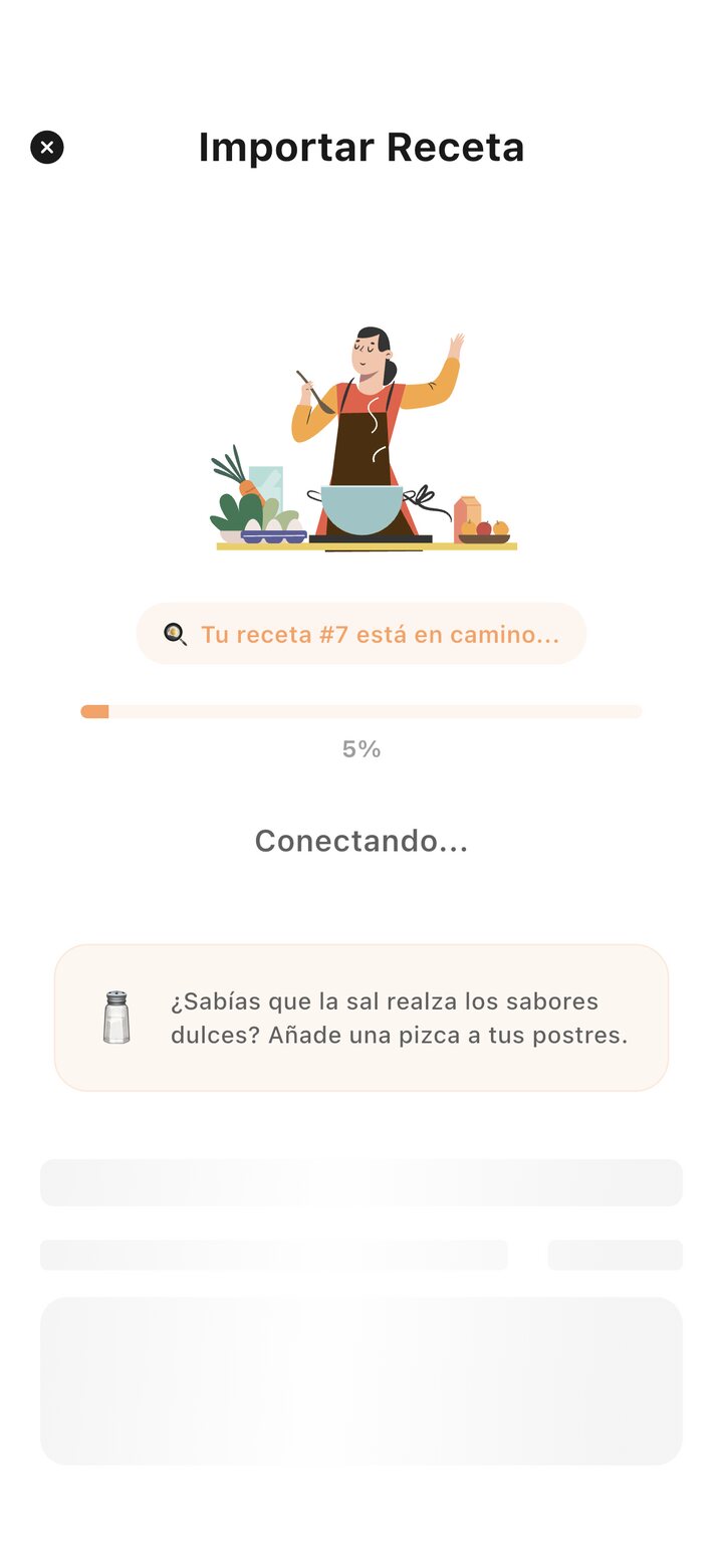 Pantalla de Flavia procesando una receta importada